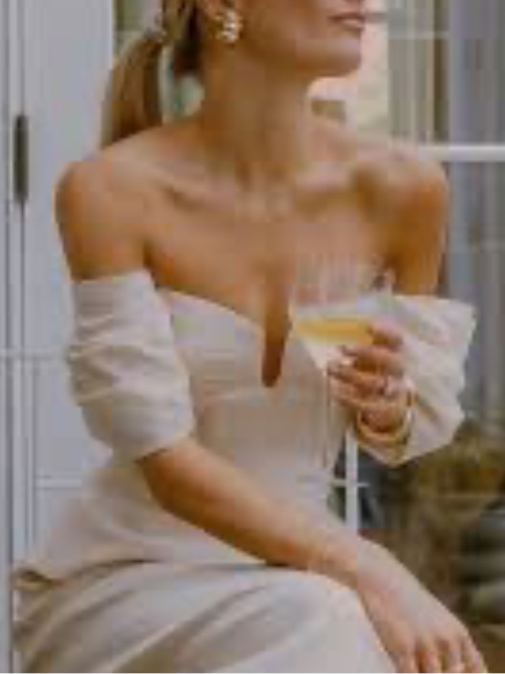 ANTONIO MELANI Off-Shoulder Cream Top with Puff Sleeves